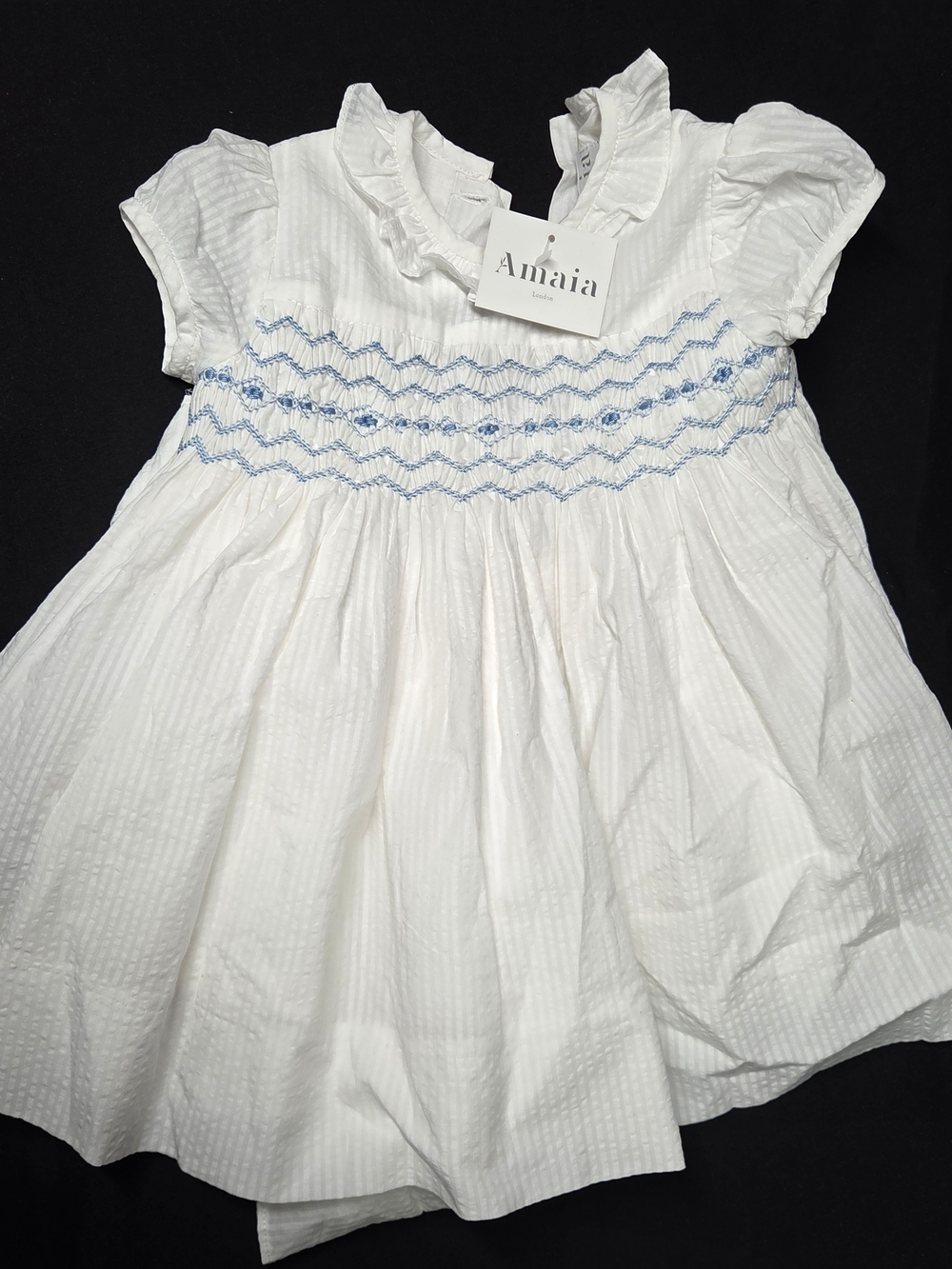 NWT Amaia Kids London White Hand Smocked Blue Embroidered Dress Size 1year